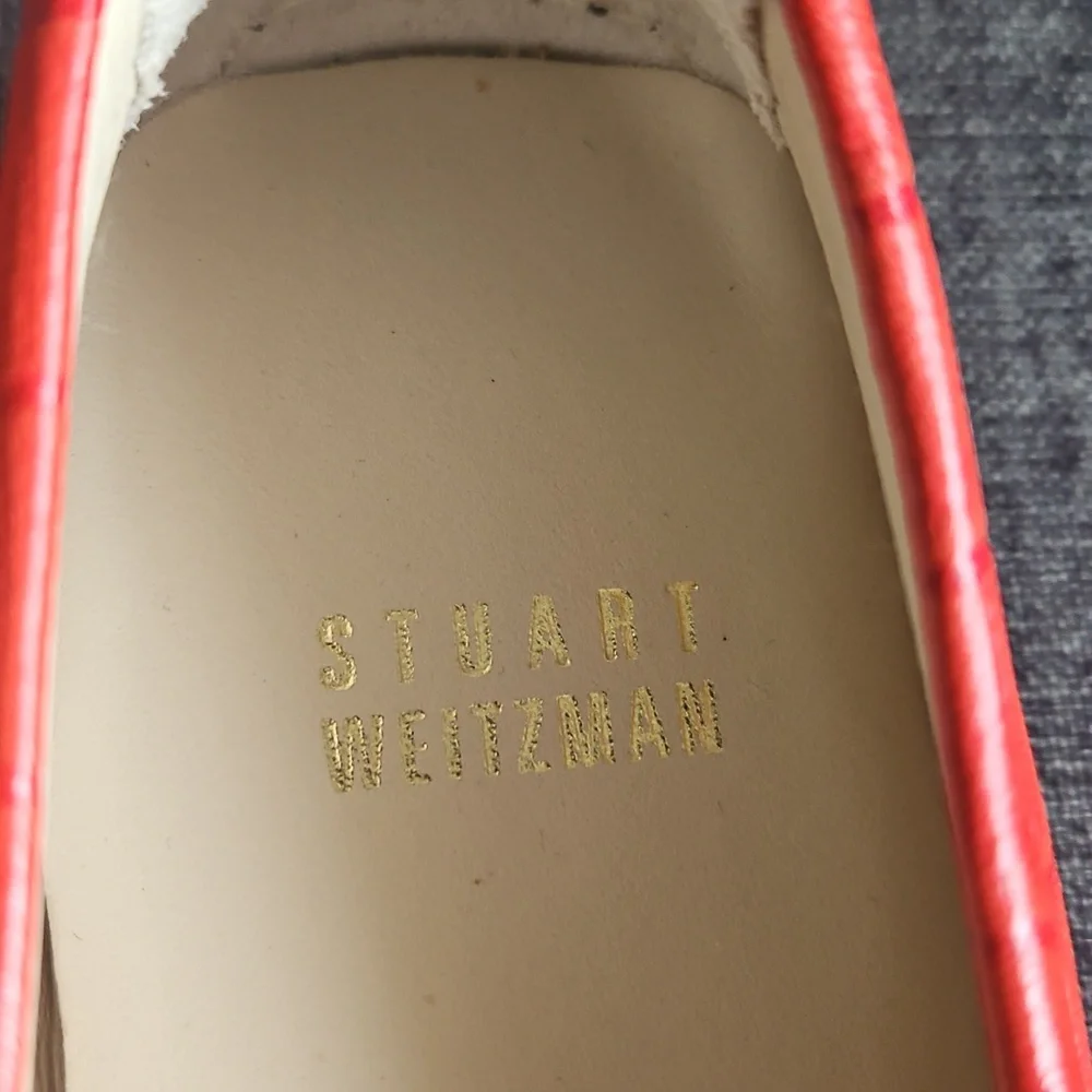 Red Stuart Weitzman patent Cocodrile leather loafers With Gold Trim - Picture 3 of 9